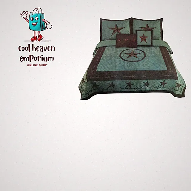 5 Pc Western Texas Cross Lodge Barbed Wire Quilt Bedspread Shams Pillow Overs...