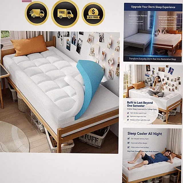 Twin XL Dual Layer 3 Inch Memory Foam Mattress Topper for College Studends, D...